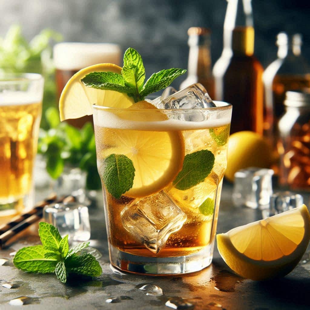 Cóctel elavorado a partir de cerveza mezclada con whiskey. Toque fresco con hojas de menta y limón