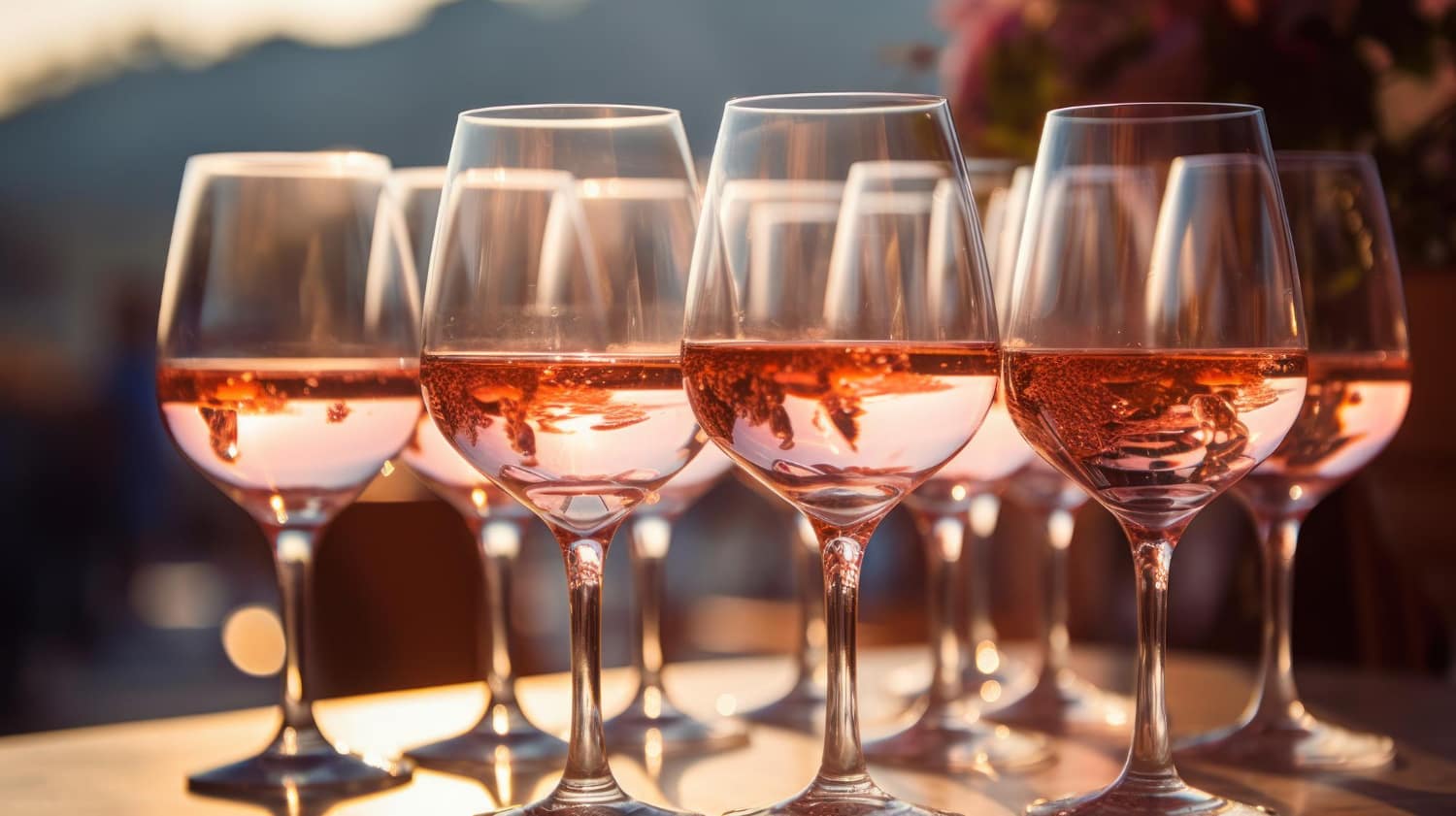 Imagen generada por IA que muestra una selección de copas con diferentes vinos rosados.