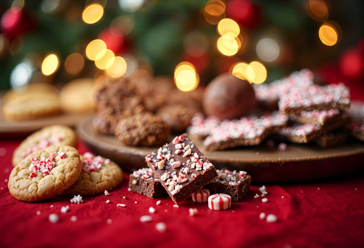 Delicioso turrón de Alicante, presentado de manera elegante frente al árbol de navidad.